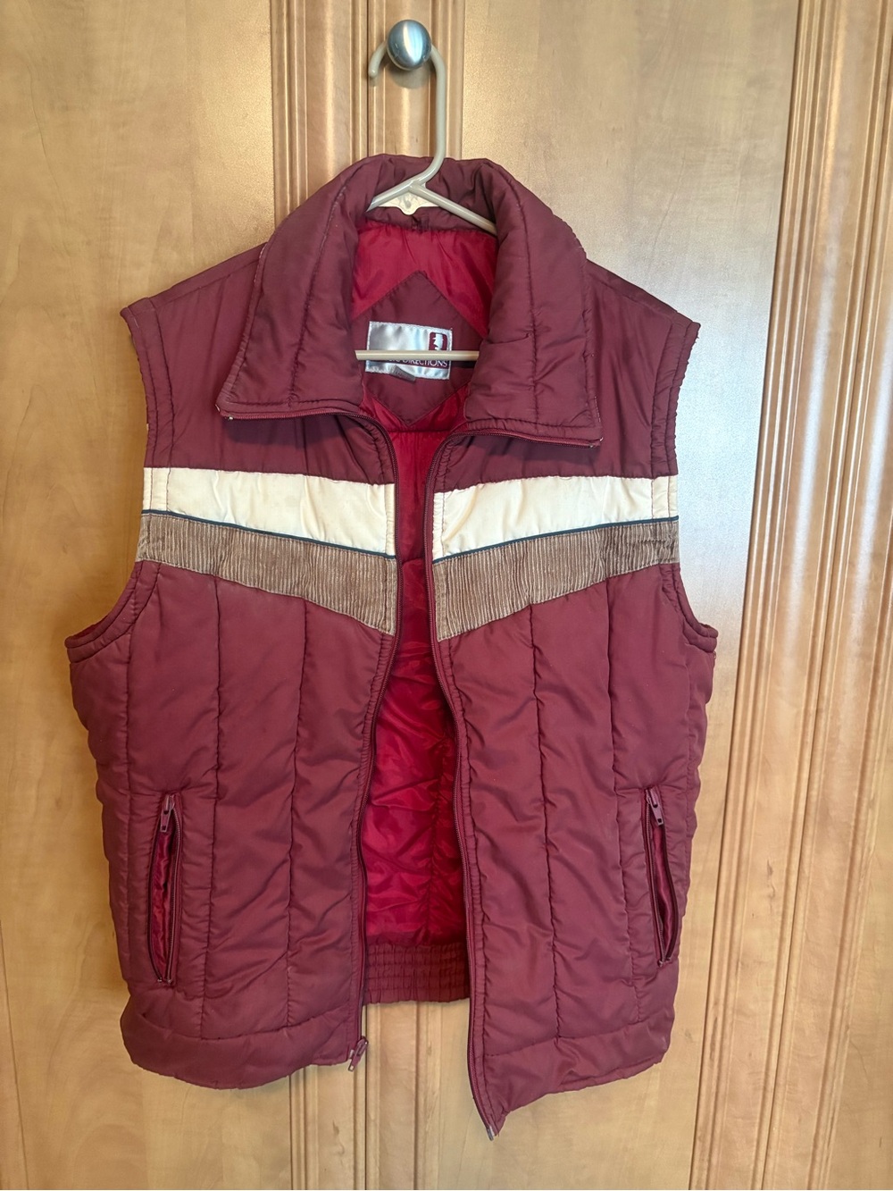 Maroon Quilted Puffer Vest with Cream and Brown Accents